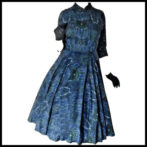 Vintage Circle Skirt Dress 50s Fit Flare New Look Frock, Dolman Sleeves - Picture 5 of 13